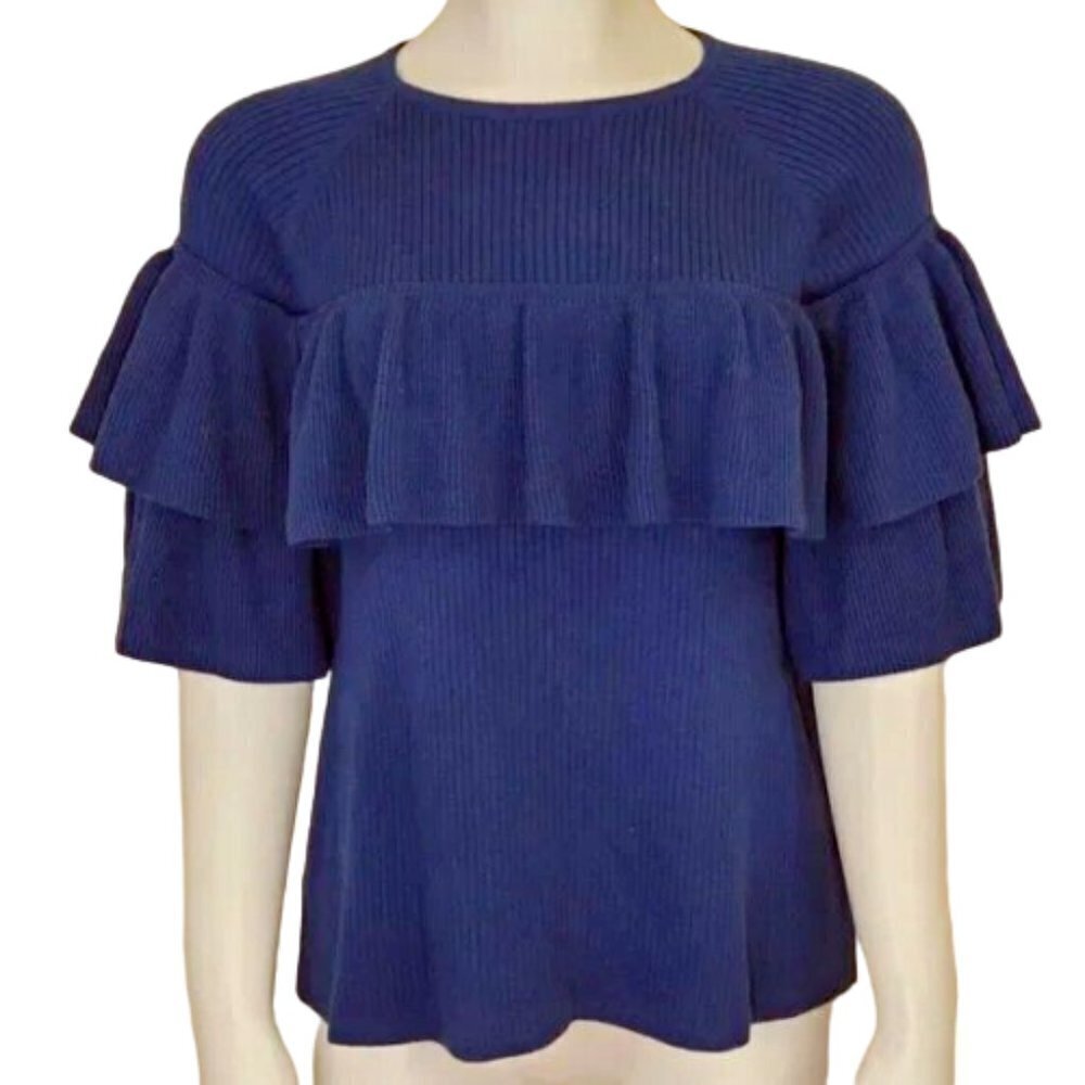 Vineyard Vines Navy Ribbed Ruffle Sweater cotton/silk Sz XS womens